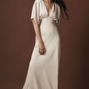 BHLDN Amelia Deep-V Flutter Sleeve Satin A-Line Gown